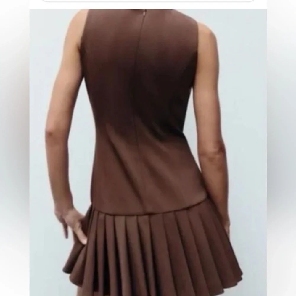 Zara Chocolate Brown Box Pleated Sleeveless Mini Dress - Picture 3 of 12